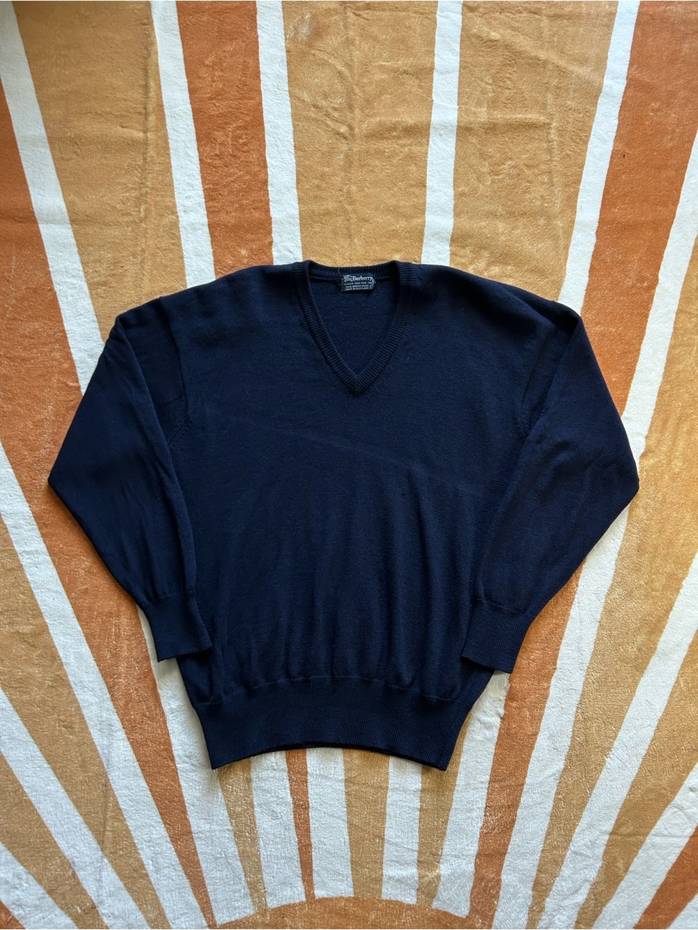 Vintage 80s Burberry wool navy blue v neck sweater